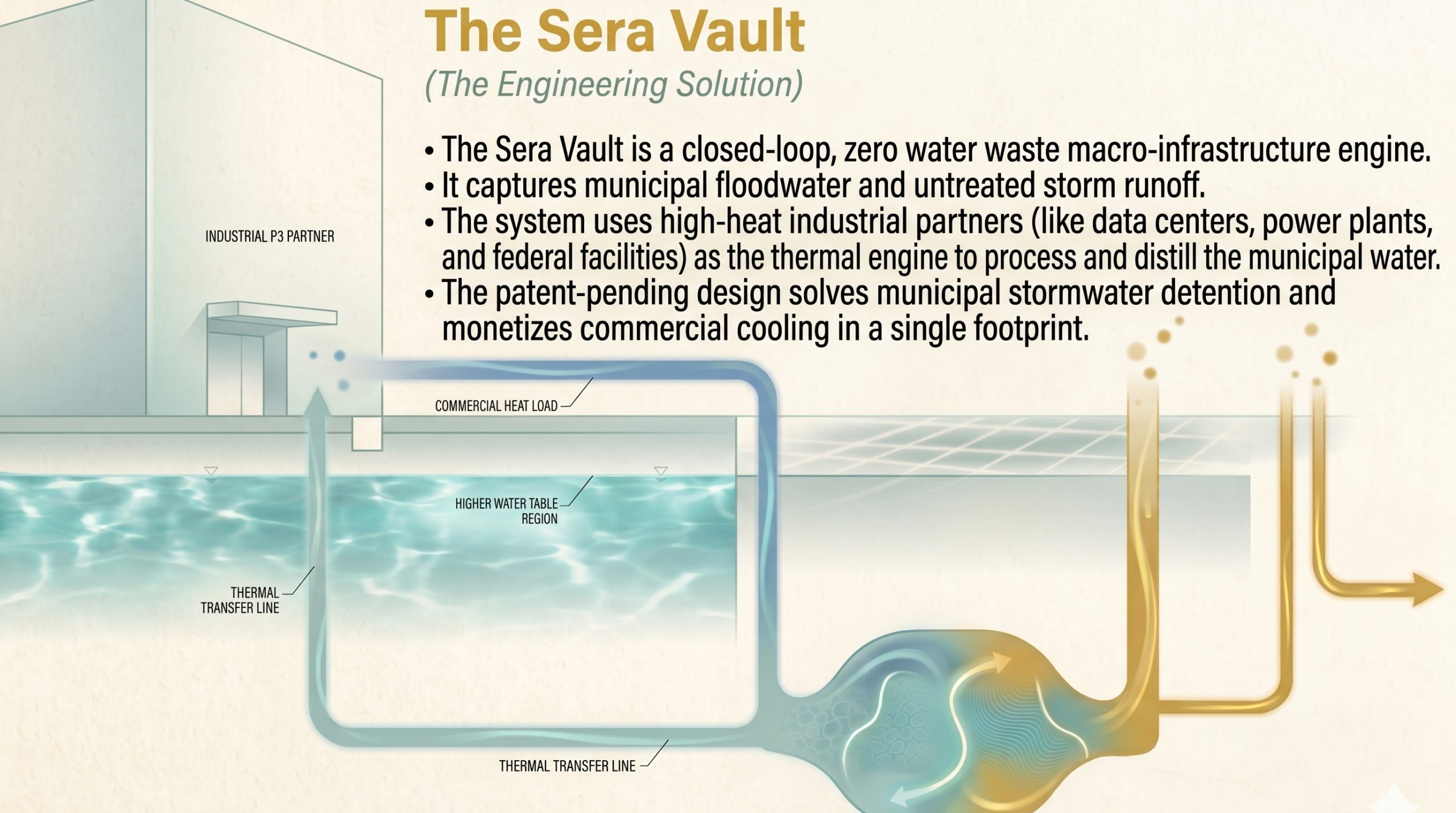 Engineering schematic of the Sera Vault zero water waste cooling system using industrial thermal transfer to distill municipal floodwater.